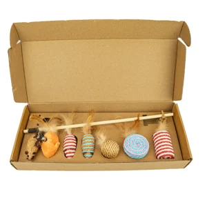 Zestaw 7 sztuk ekologicznych zabawek - myszki dla kota + wędka